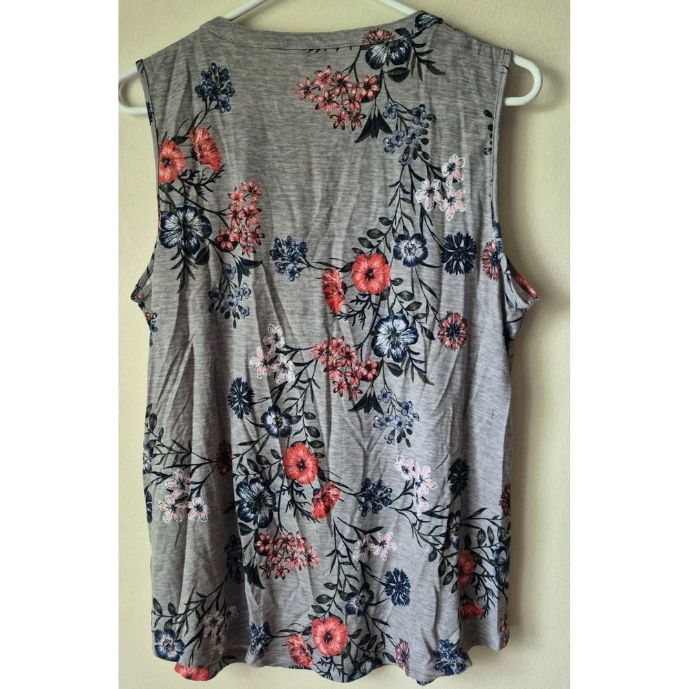 Liz Claiborne Women's Floral Henley Tank Gray Pocket Button Placket Size L - Picture 2 of 4